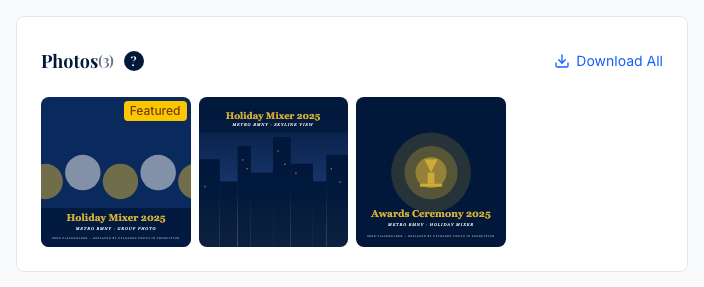 The Photos section on an event page — the count beside the heading, the grid of previews, and the Download All link